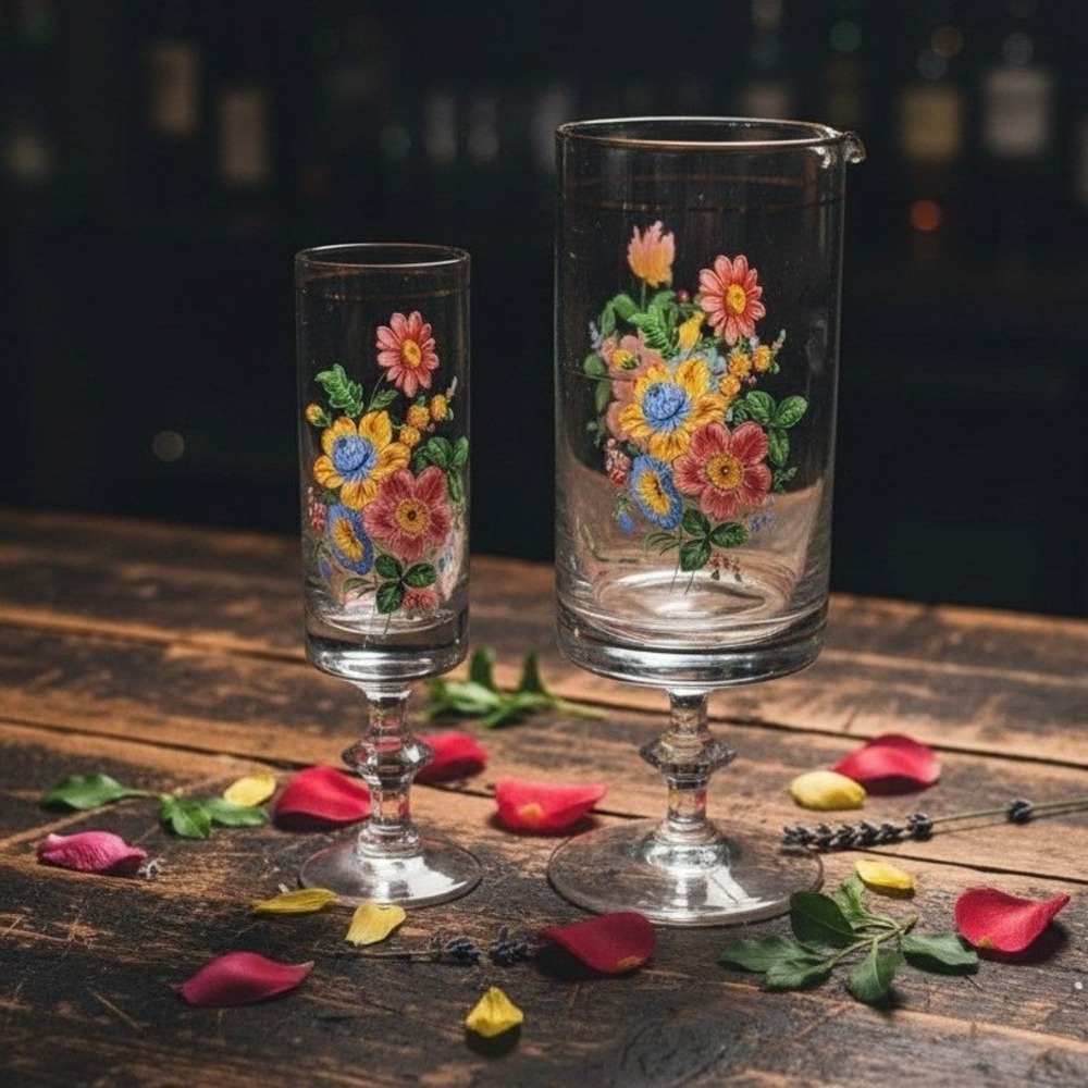 Arcopal Floral Vintage Pitcher and Glass, French Stemmed Drinkware, Glassware